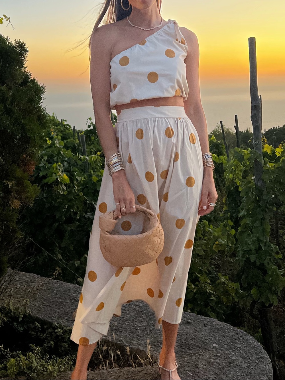 One-Shoulder Cream & Mustard Polka Dot Skirt Set